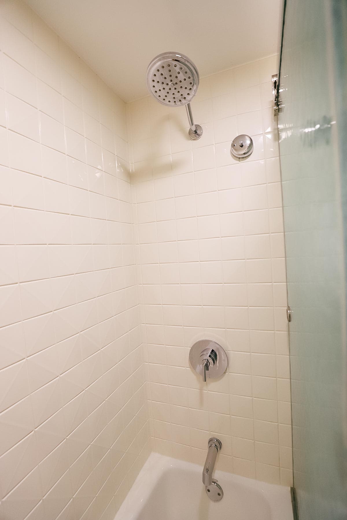 shows the shower head and glass doors in the bath area of the room