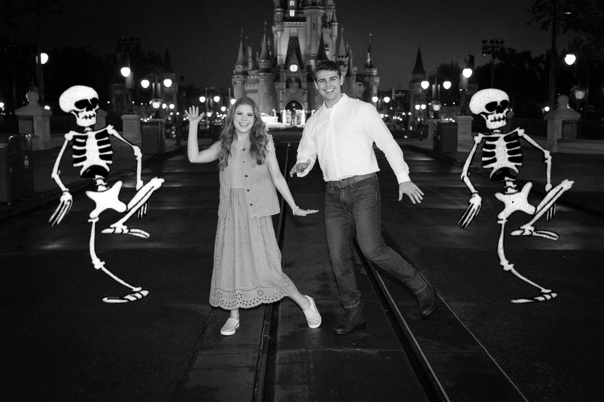 black and white Skeleton Dance Disney PhotoPass option at Mickey's Not So Scary Halloween Party
