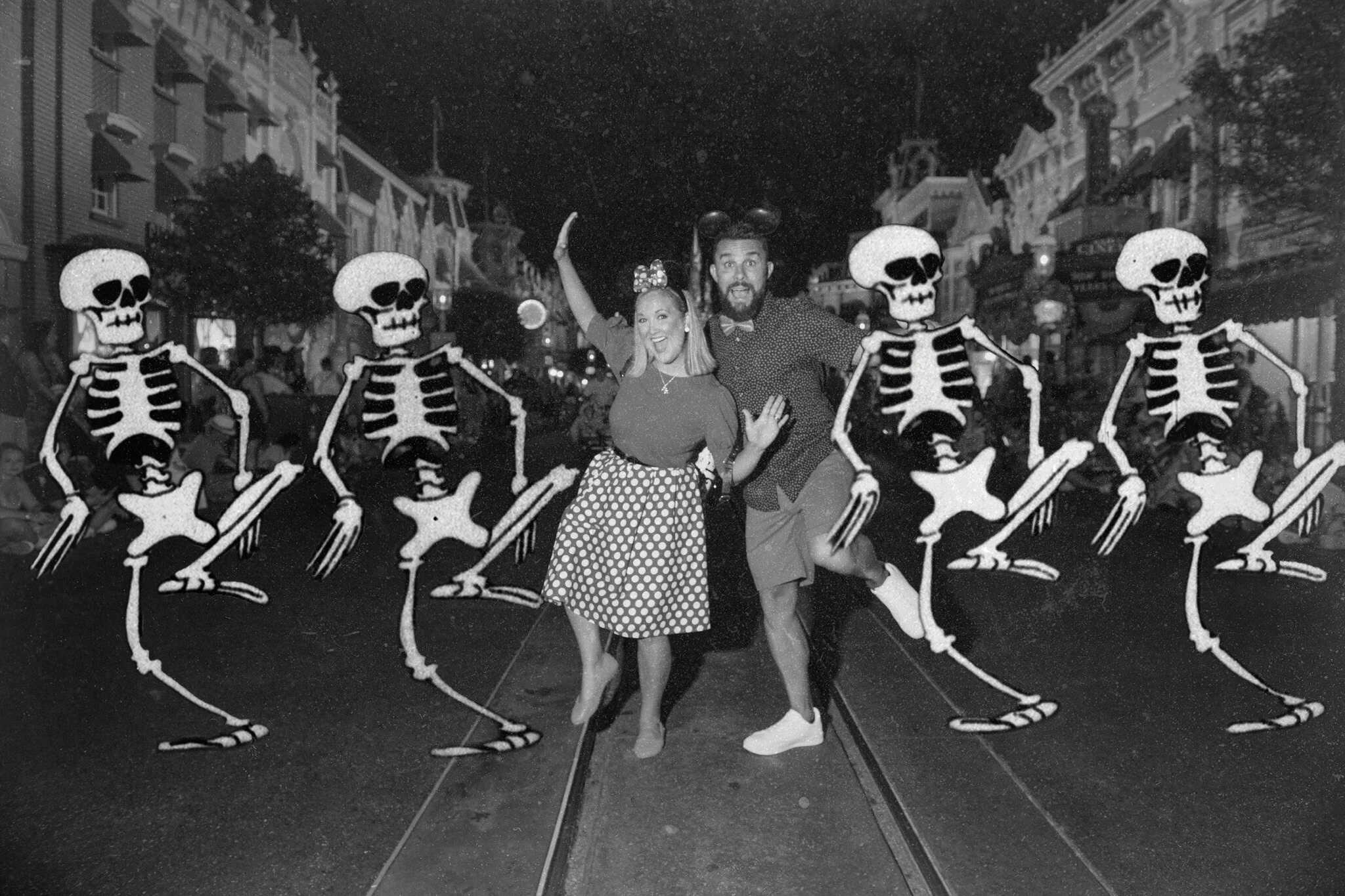 a black and white PhotoPass image exclusive to the Halloween party with vintage skeletons from The Skeleton Dance 