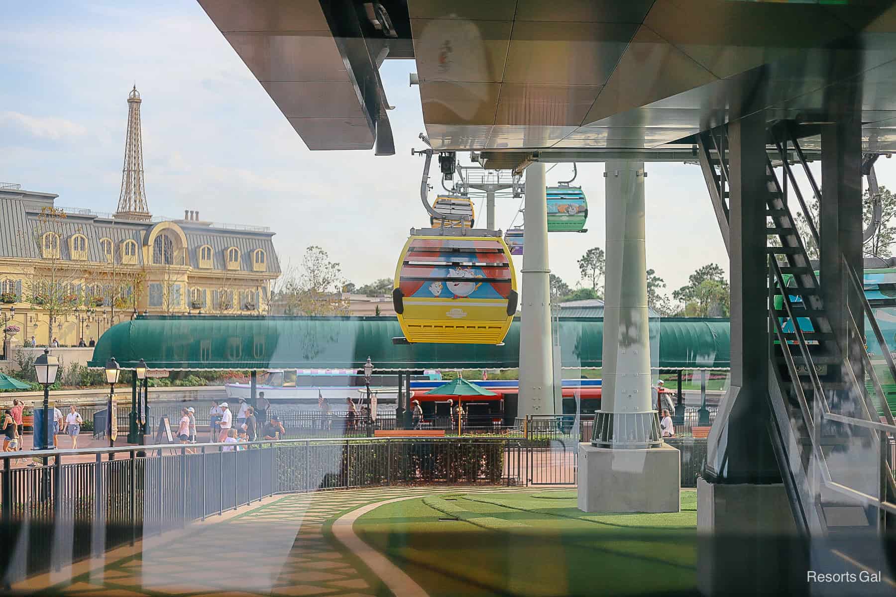the Skyliner as it departs the International Gateway at Epcot