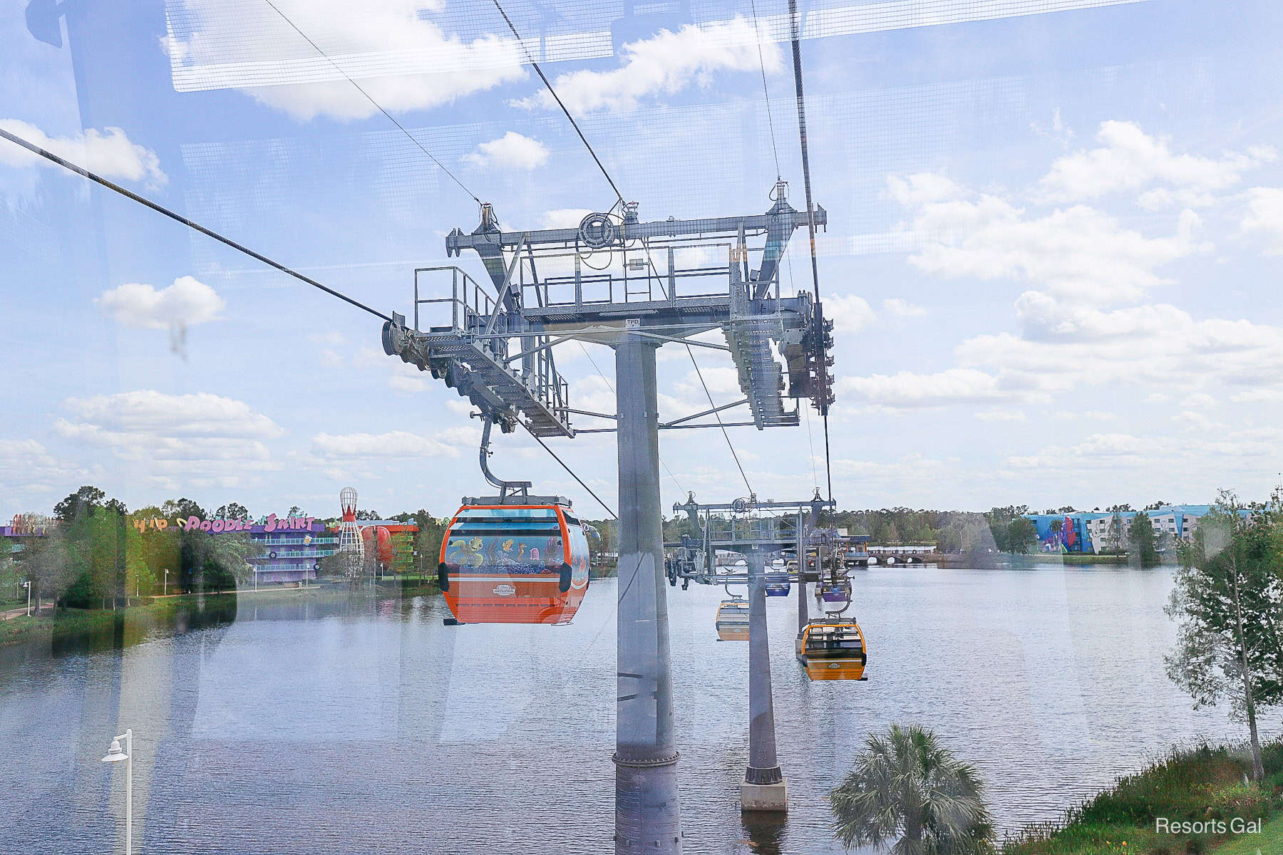 the Skyliner gondolas traveling over water