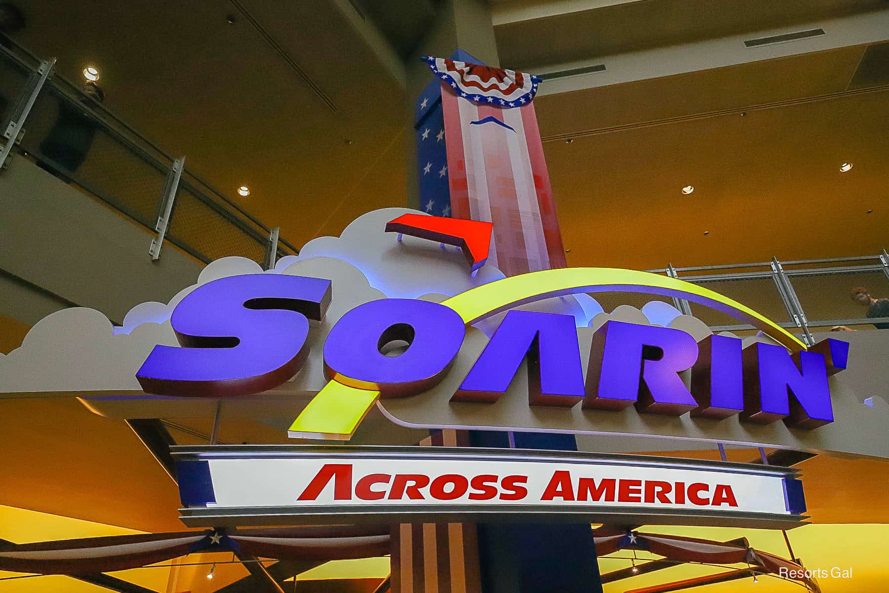 signage for Soarin' Across America with stars and stripes