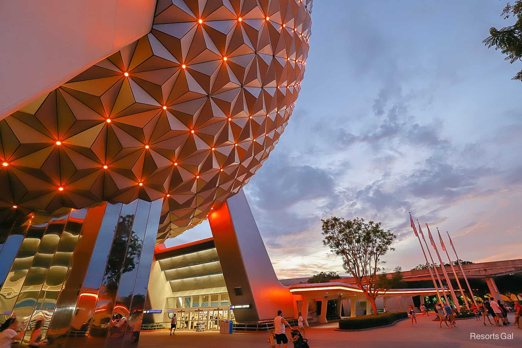 Spaceship Earth with the projection points in red at night. 