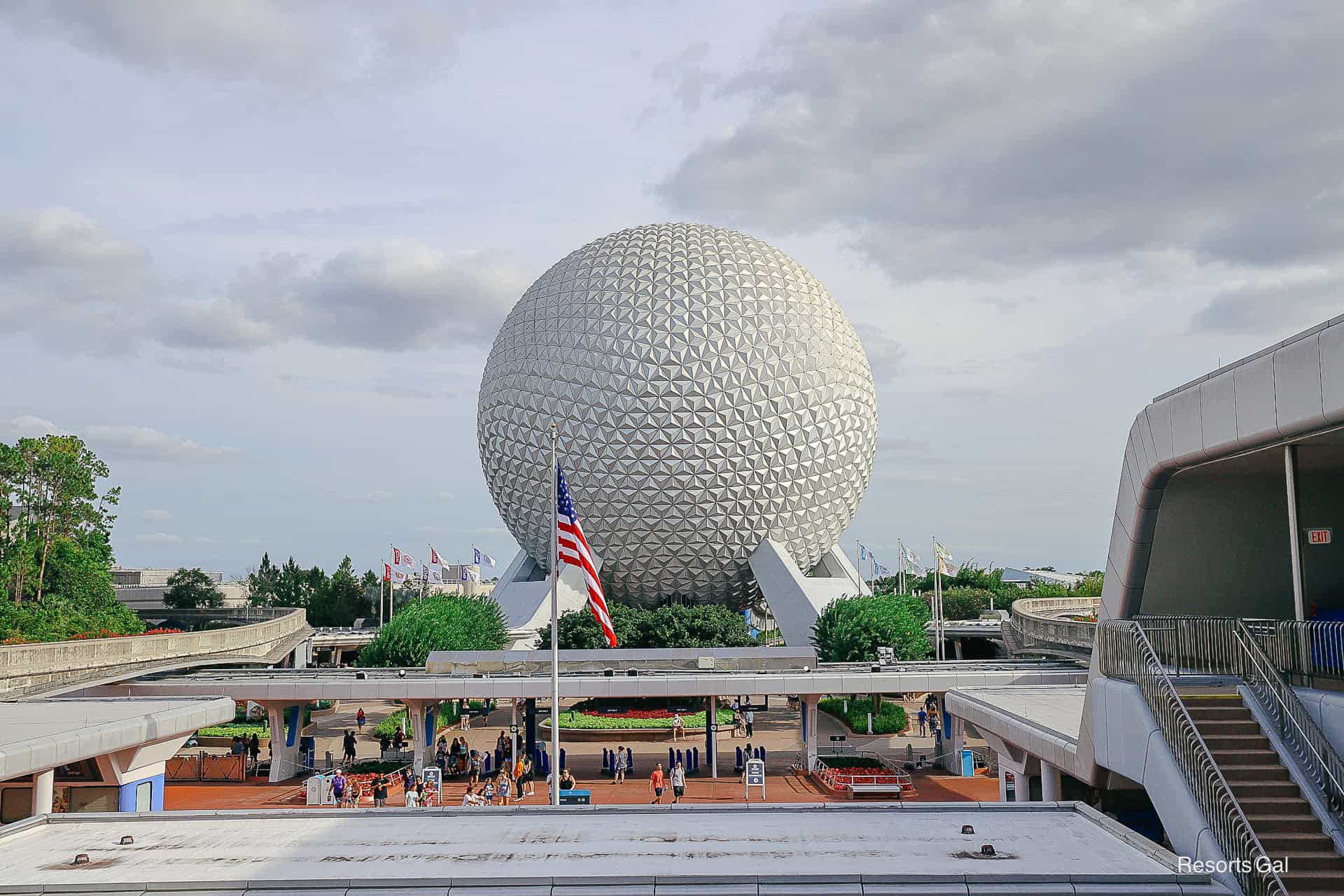 view of Spaceship Earth from monorail platform