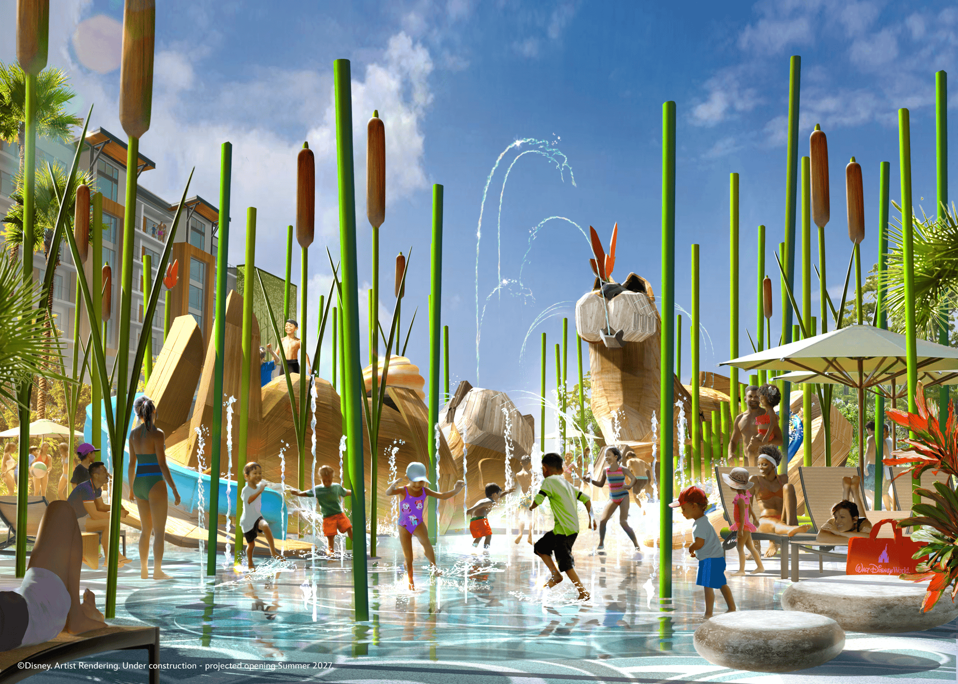 Concept art of children playing at a splash pad in the wetlands