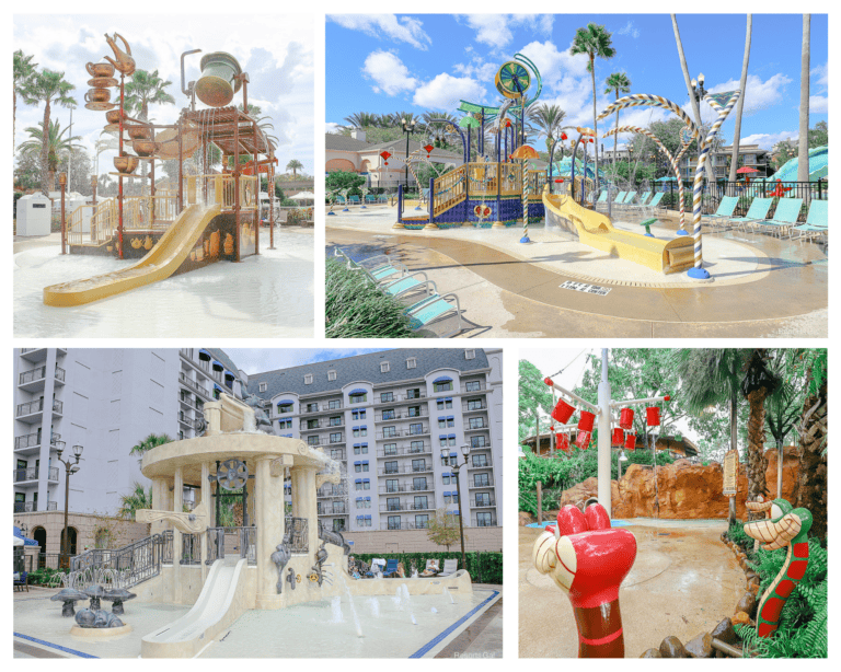 collage image of splash pads at the Disney Resort Hotels