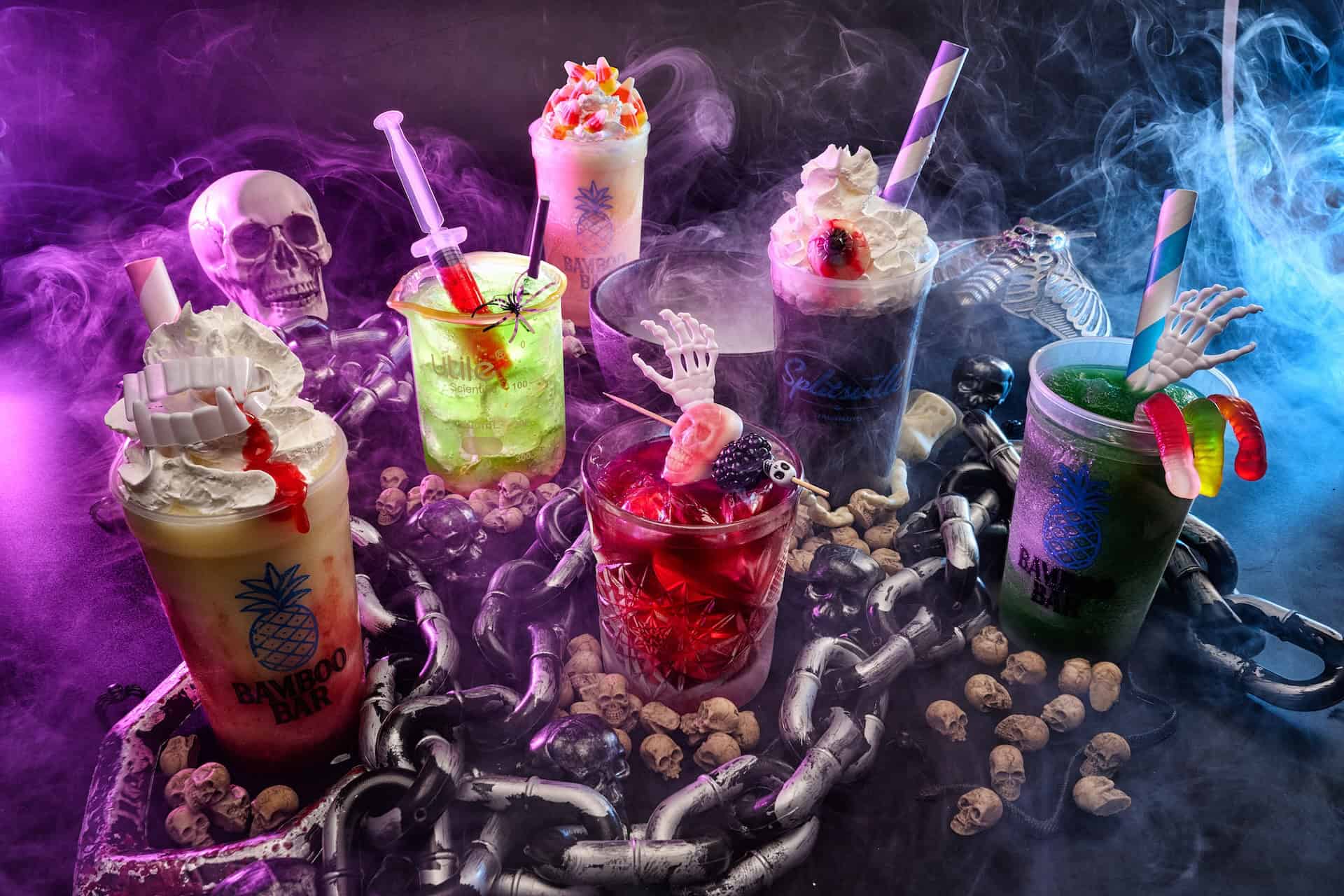 a collage of drinks at Disney Springs for Halloween