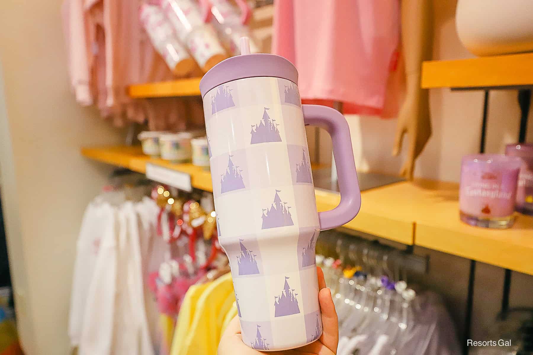 Living in a Fantasyland lavender tumbler with checks and castles