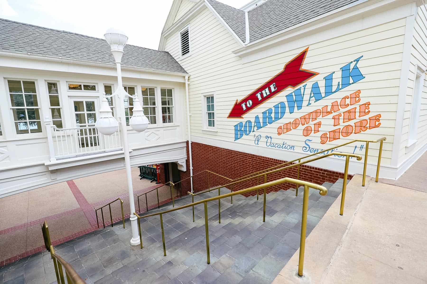 an outdoor walkway from the front of the resort leads down to the Boardwalk. 