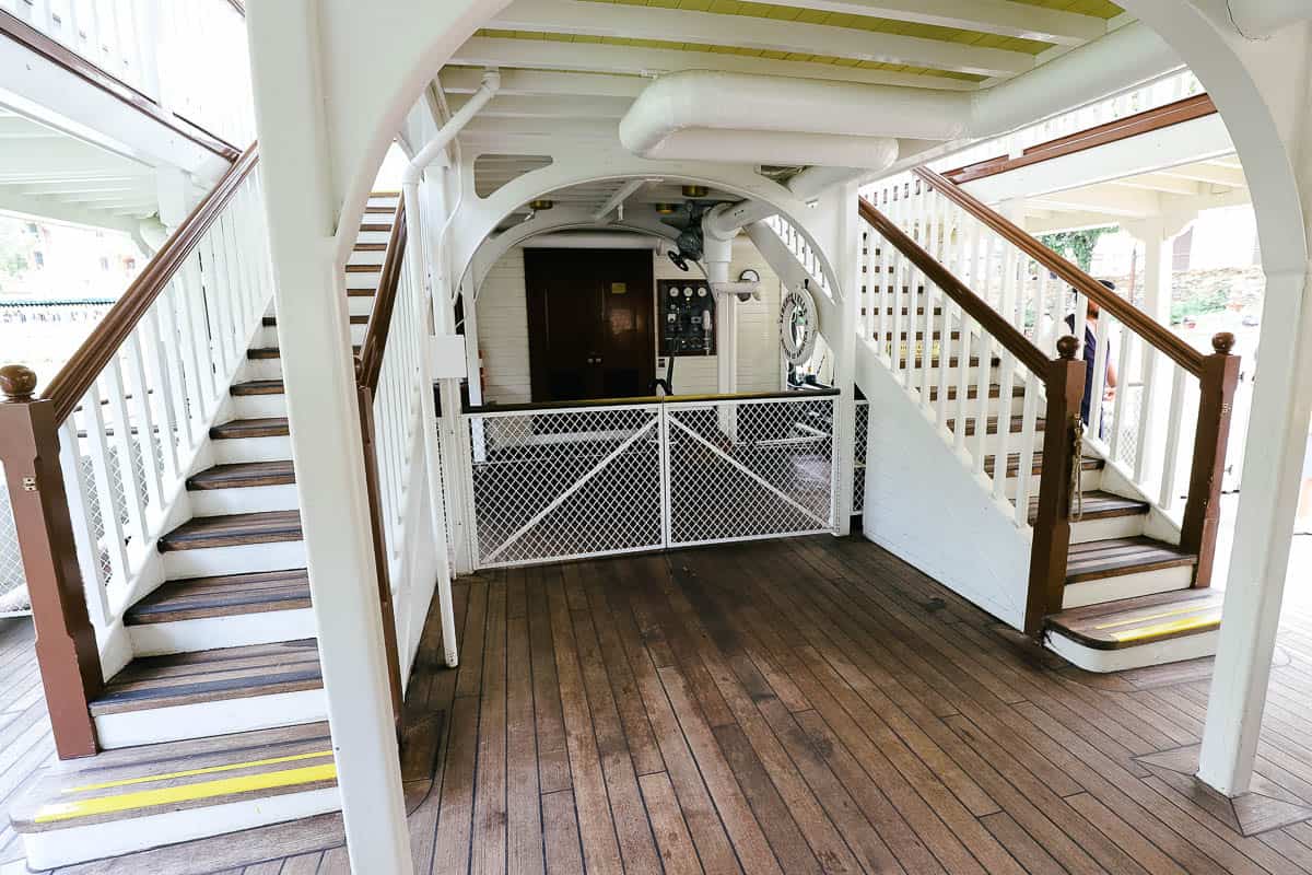 Stairs leading to upper levels of the Riverboat. 