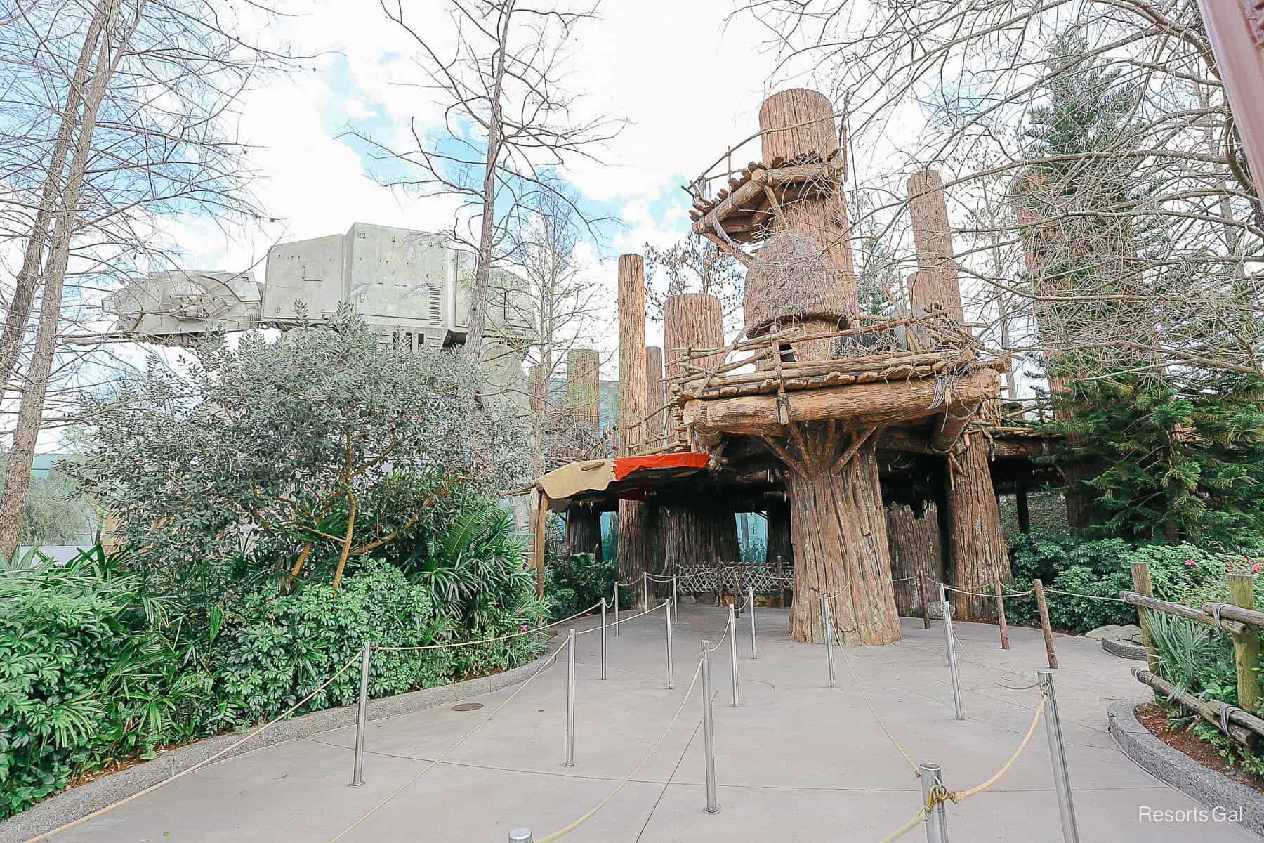 The Star Tours exterior queue that features treehouses for the Ewoks. 