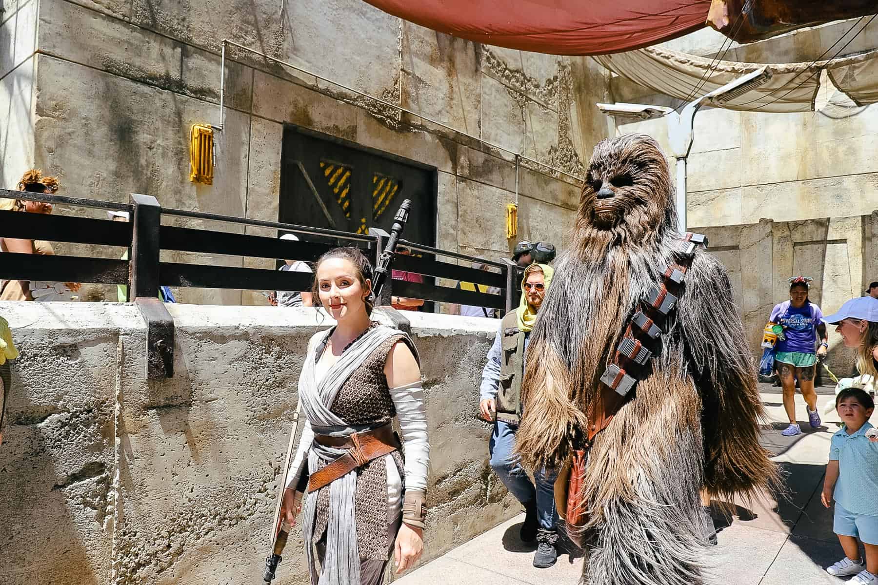 Rey and Chewbacca walking toward the Millennium Falcon. 
