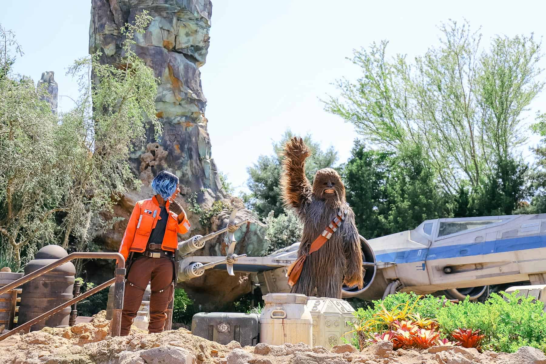 Vi Moradi and Chewbacca wave to guests.