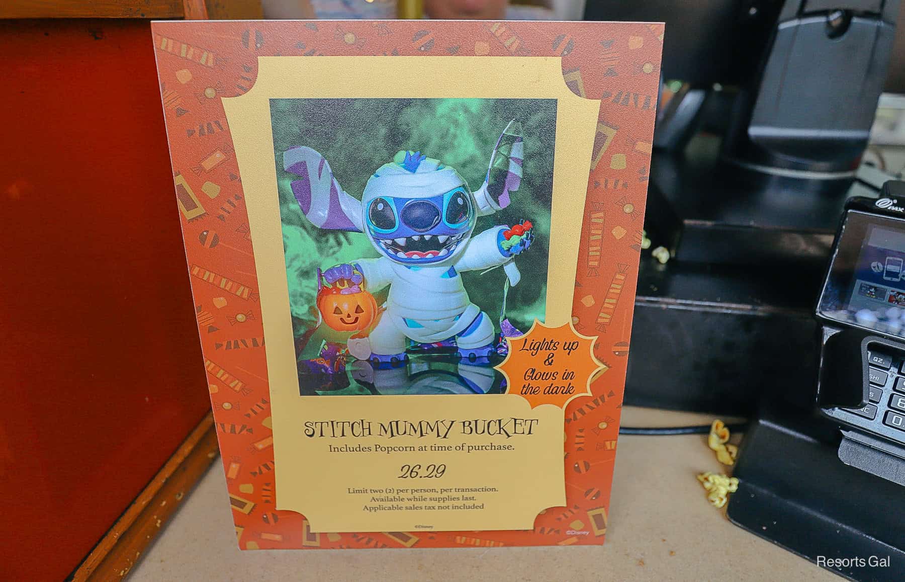 a sign that shares details and pricing for the Stitch Mummy Bucket 