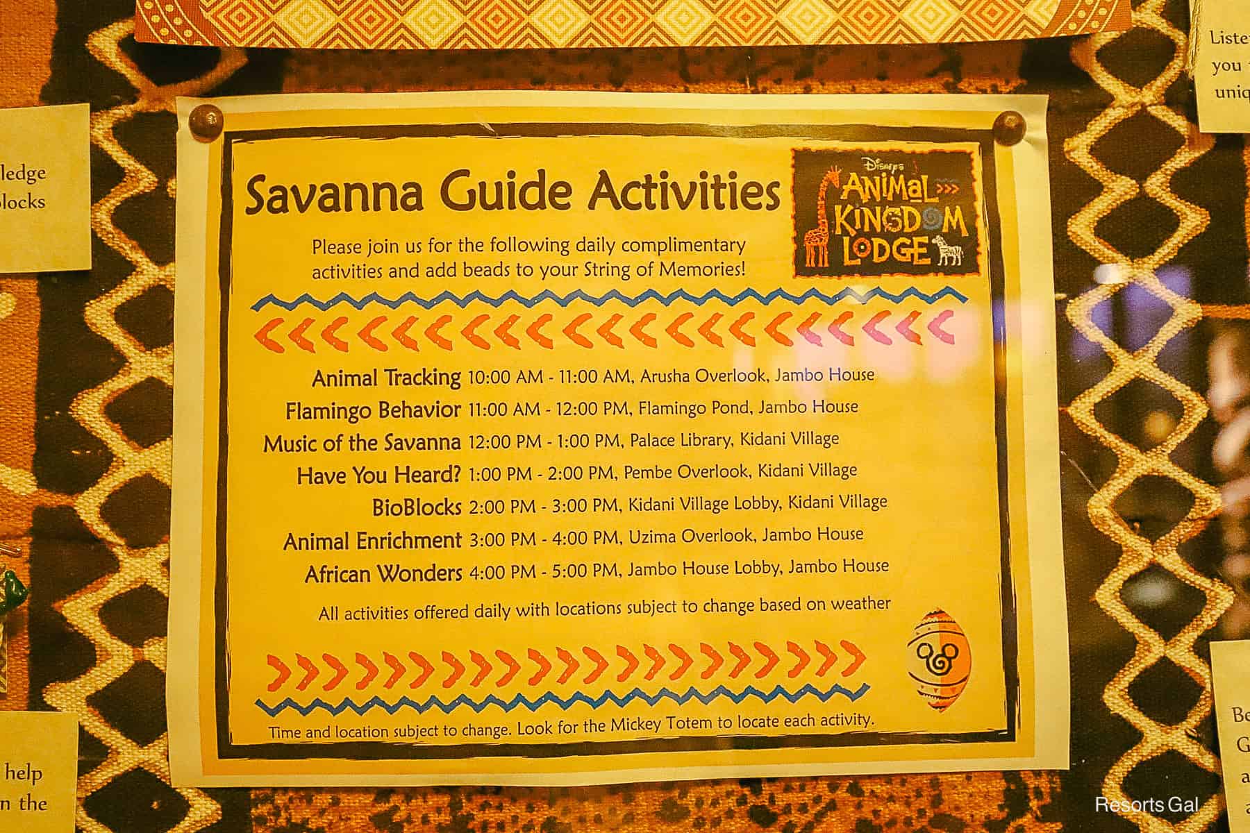 a list of Savanna Guide Activities and times to complete them 