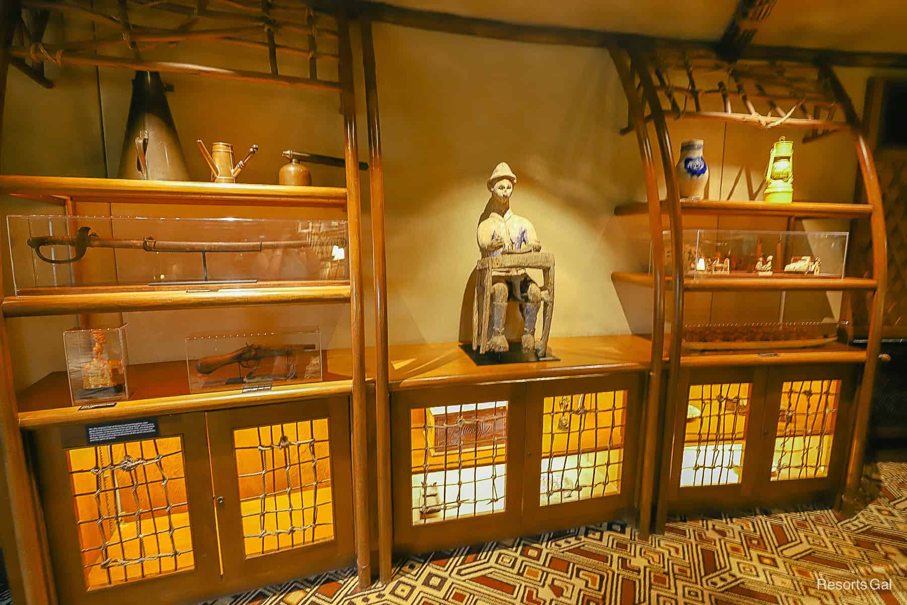 a grouping of shelves with thematic elements