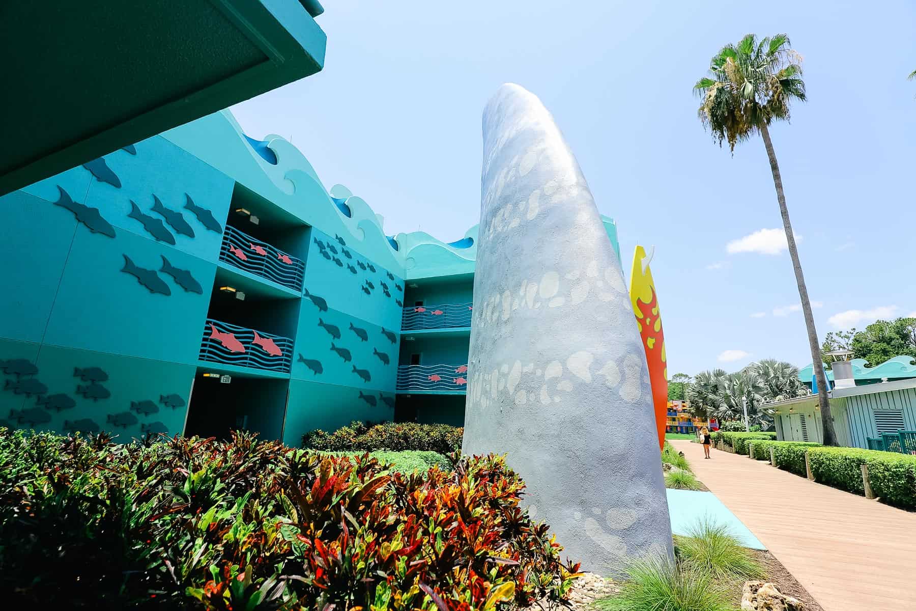 Giant Shark Fins surround the pool area at All-Star Sports 