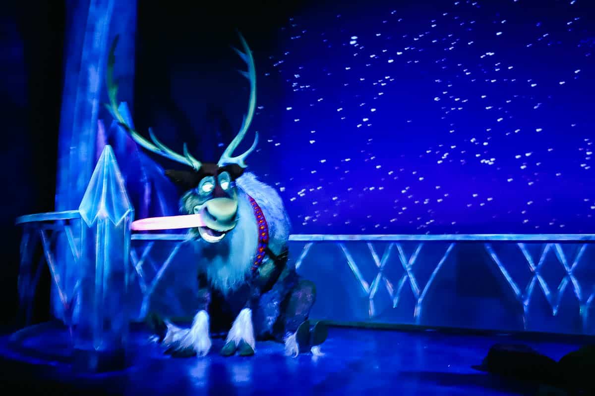 Sven with his tongue stuck to ice in Frozen Ever After. 