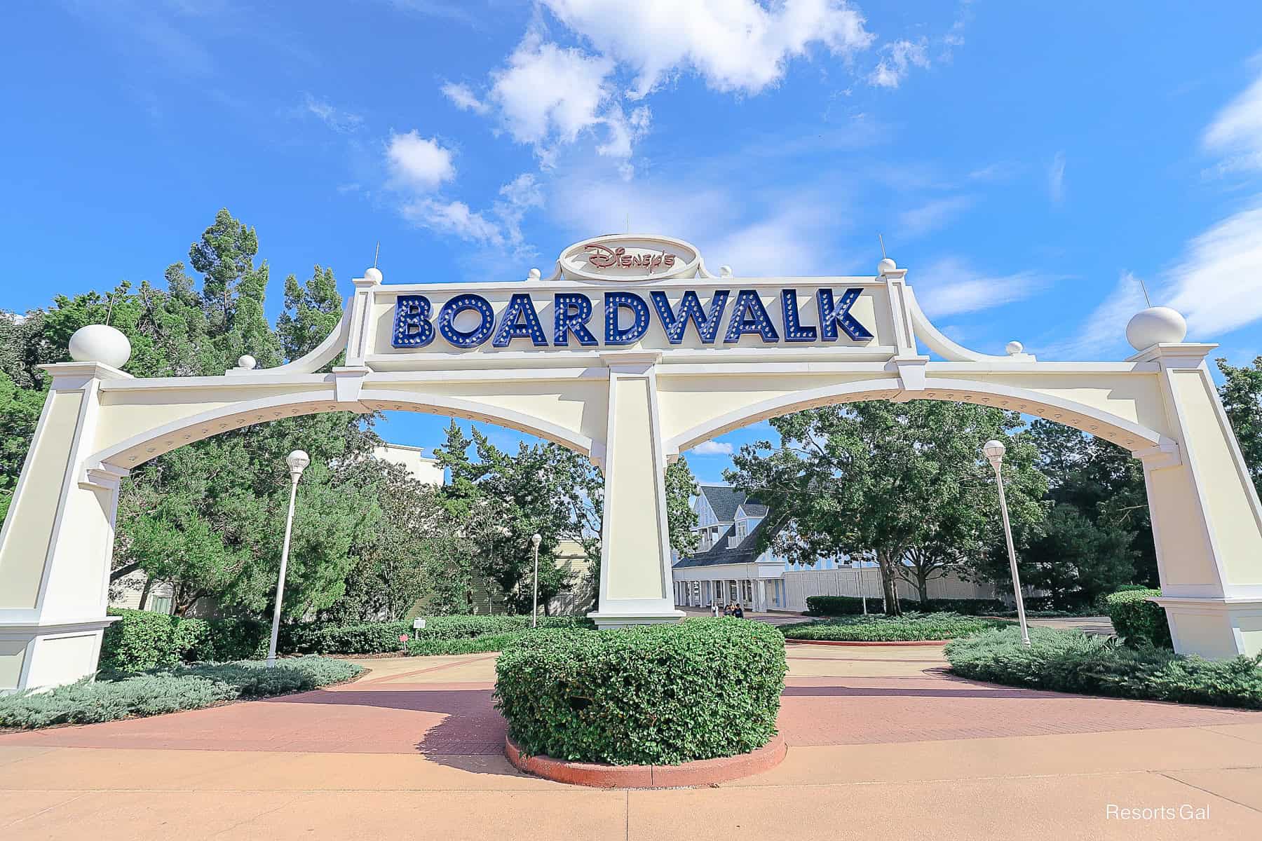 the Boardwalk sign sits across from the Swan and Dolphin
