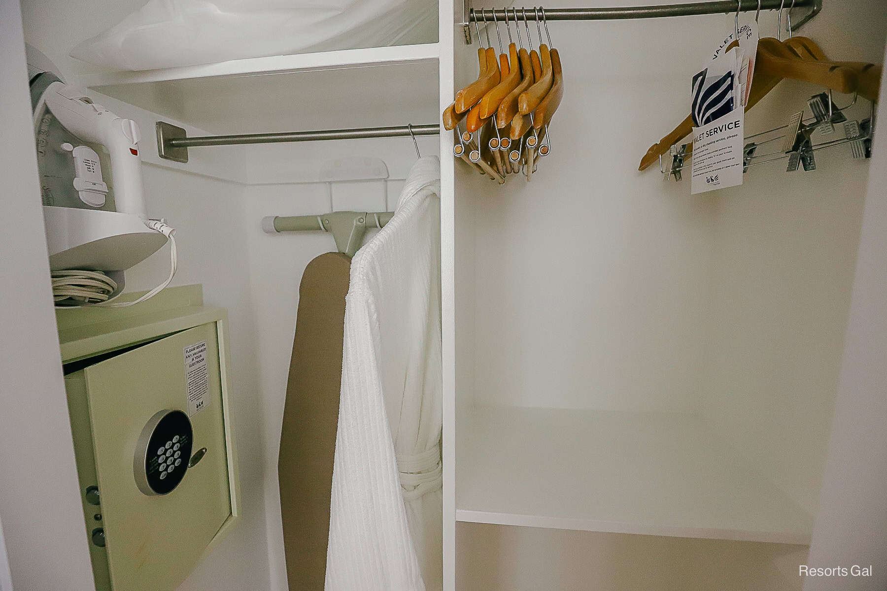 an in-room safe, an iron, an ironing board, and a robe 