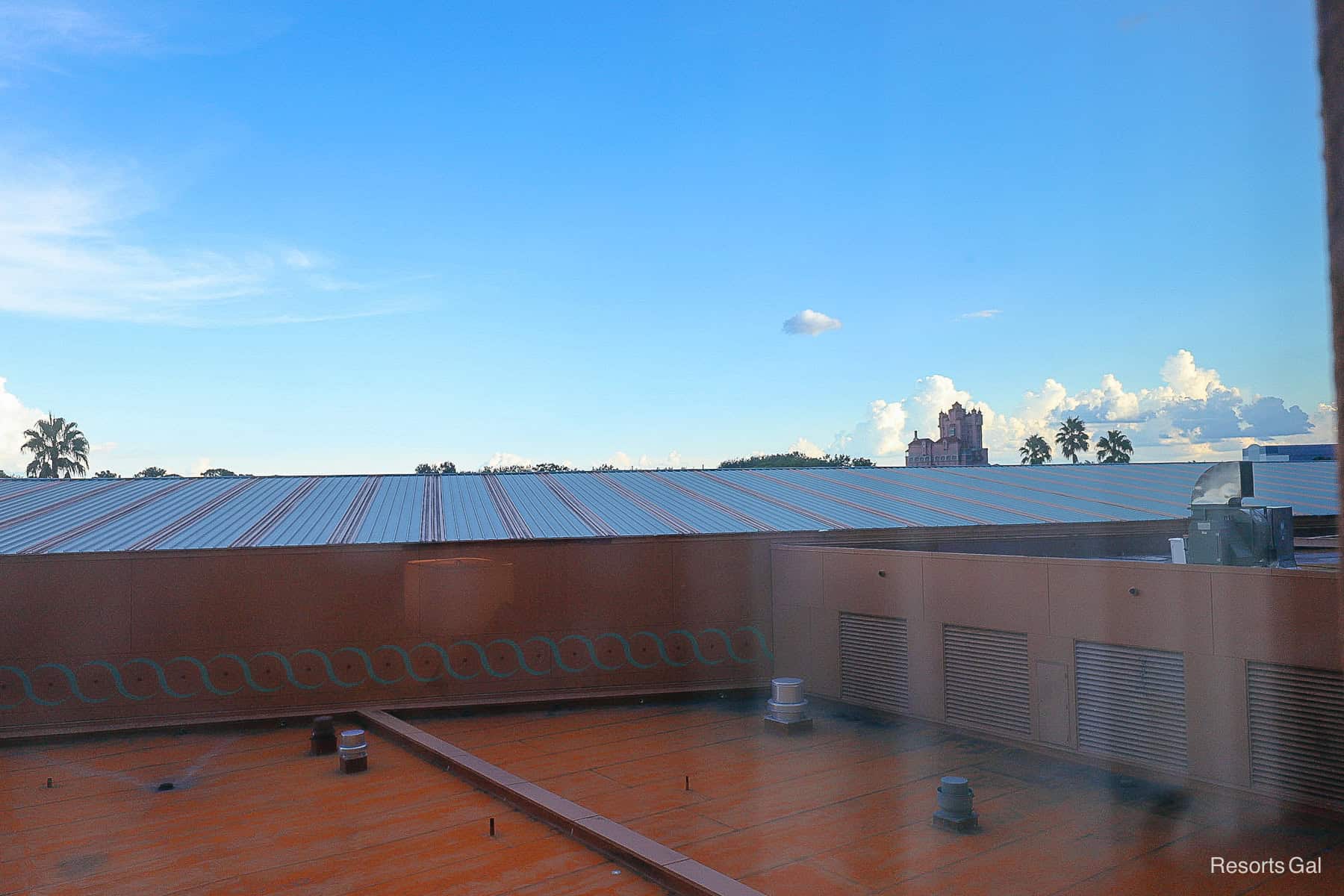 a view of the hotel's rooftop facing the Tower of Terror at Disney's Hollywood Studios 