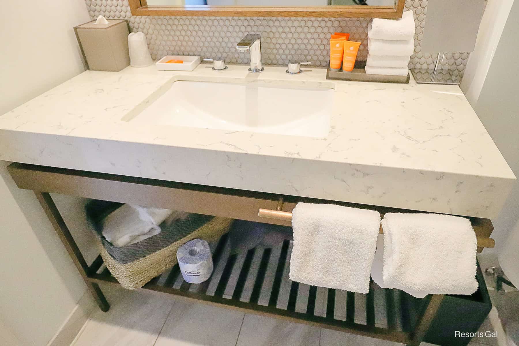 closeup of the vanity with one sink