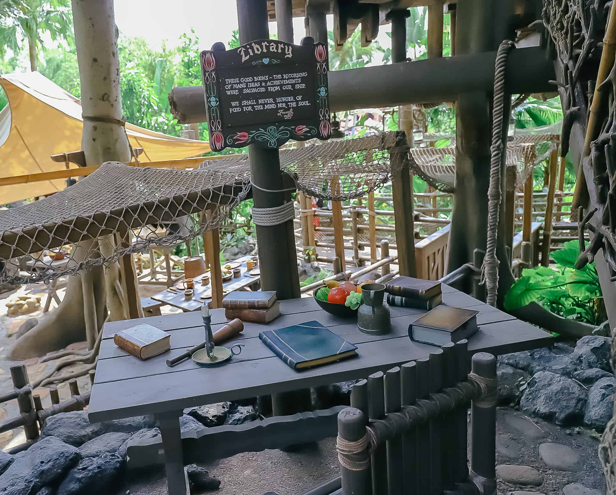 the library with books on a table