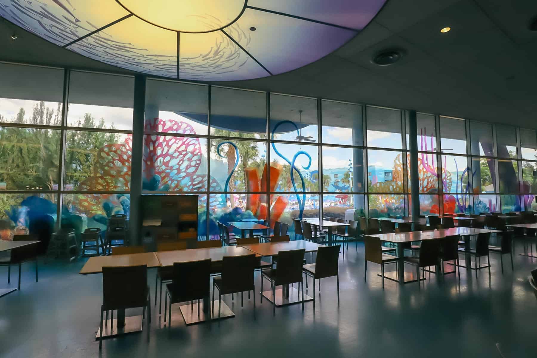 tables and chairs in the food court 