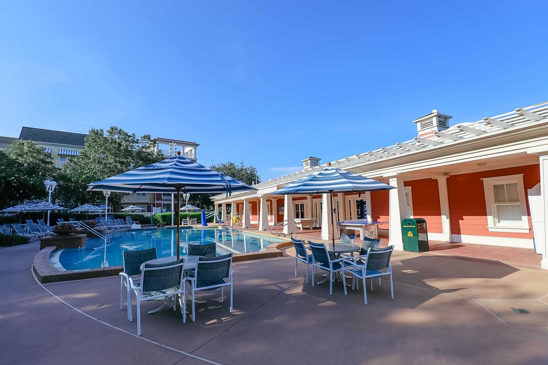 a couple of tables and chairs with umbrellas on one end of the pool 