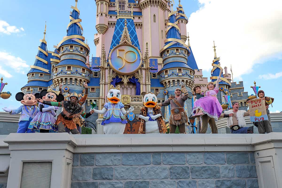Mickey Mouse, Minnie Mouse, Donald and Daisy Duck, and other Ruffians from Tangled during the castle stage show at Magic Kingdom. 