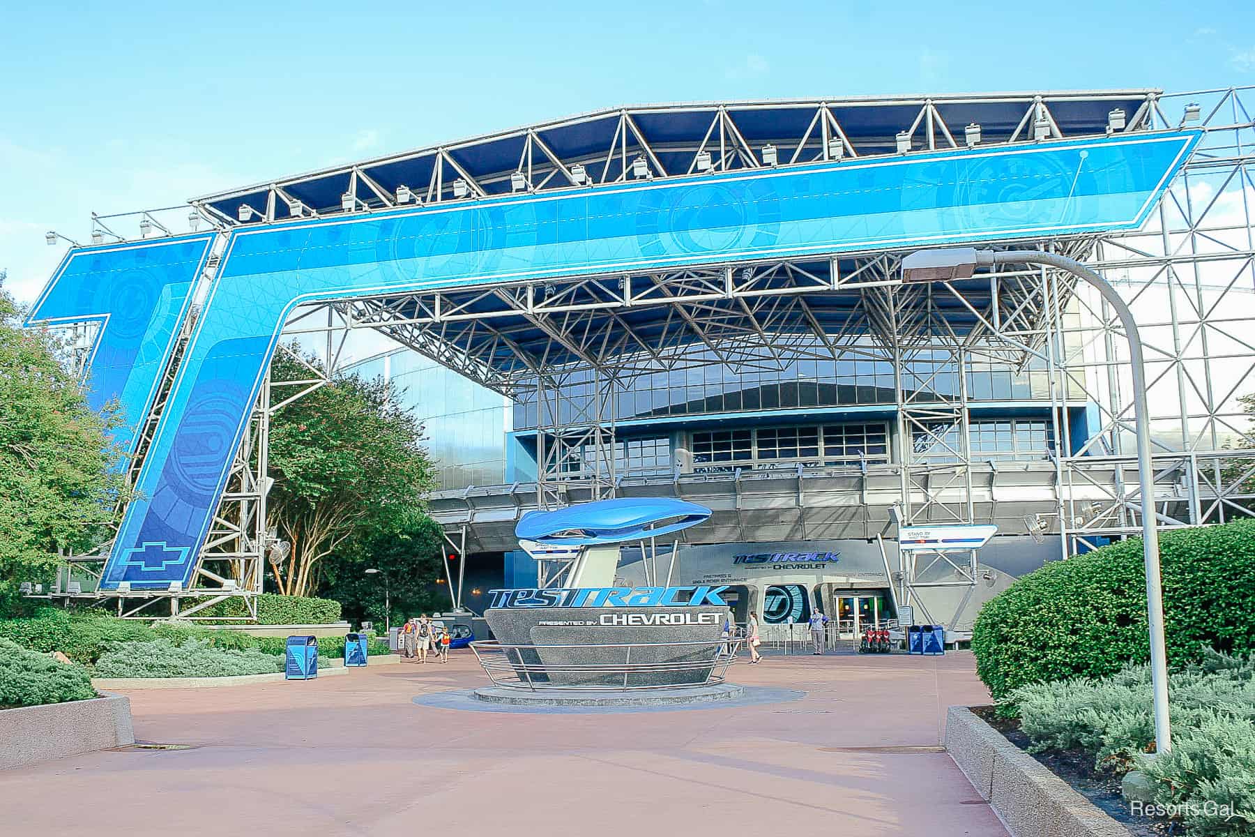 A view of Test Track as you walk toward the attraction. 