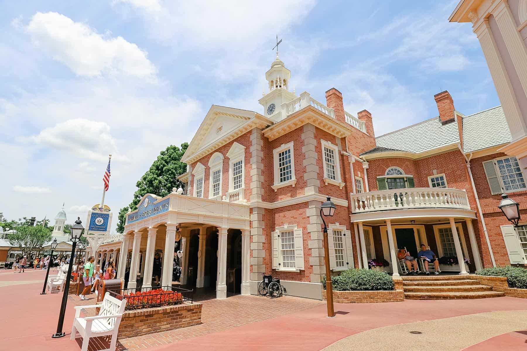 The Hall of Presidents has a colonial exterior similar to the time period of Liberty Square. 