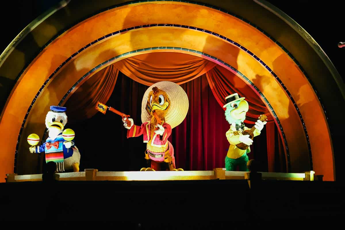The Three Caballeros perform on stage at the end of the ride. 