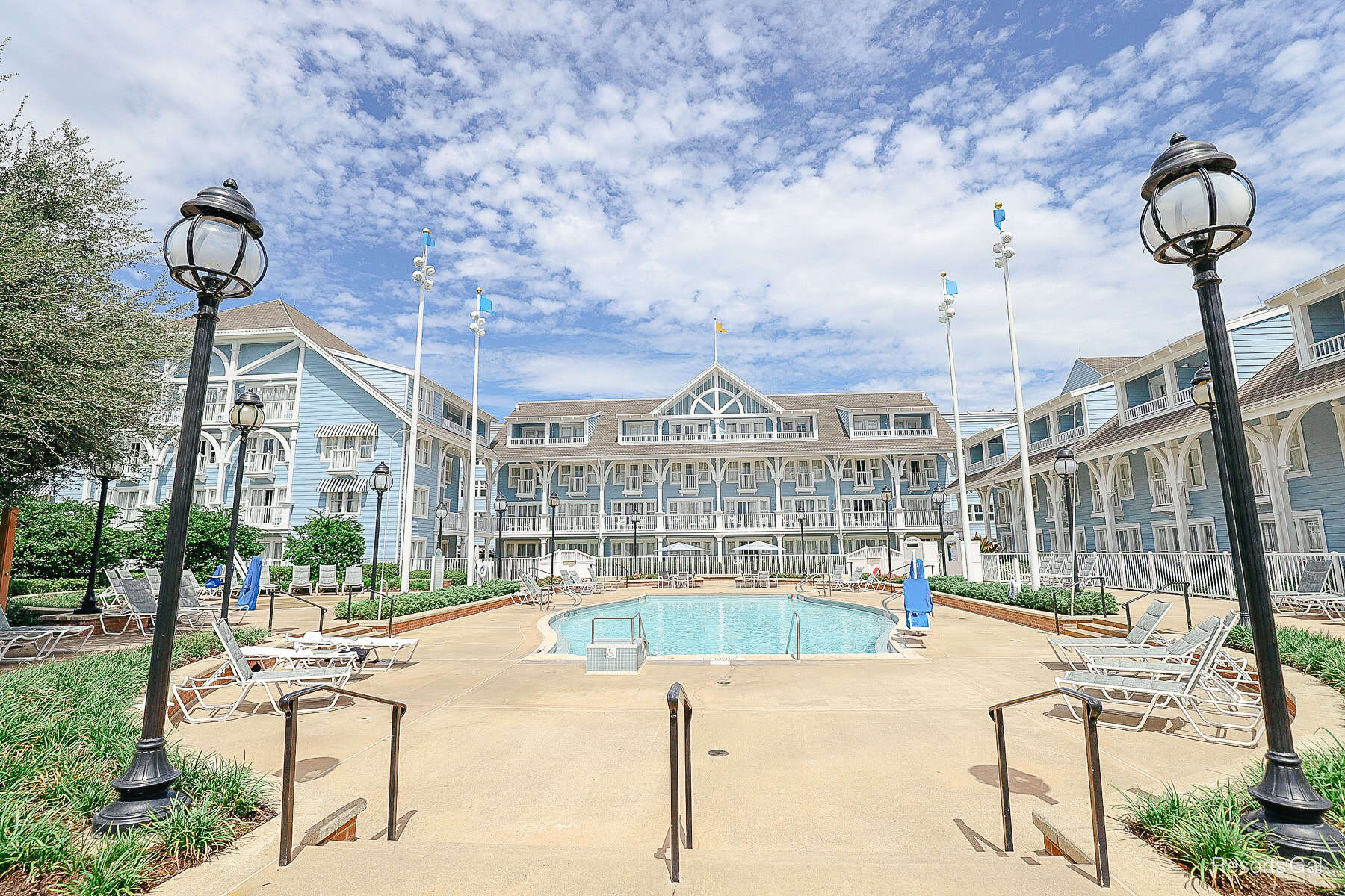 a view of the Tidal Pool with the blue Beach Club backdrop