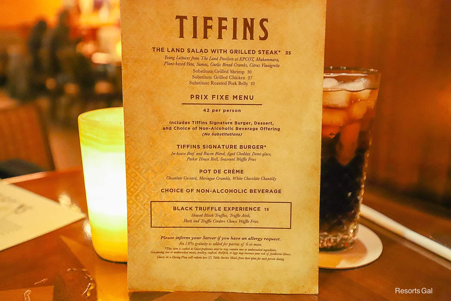 a menu that lists the prix fixe items at Tiffins 