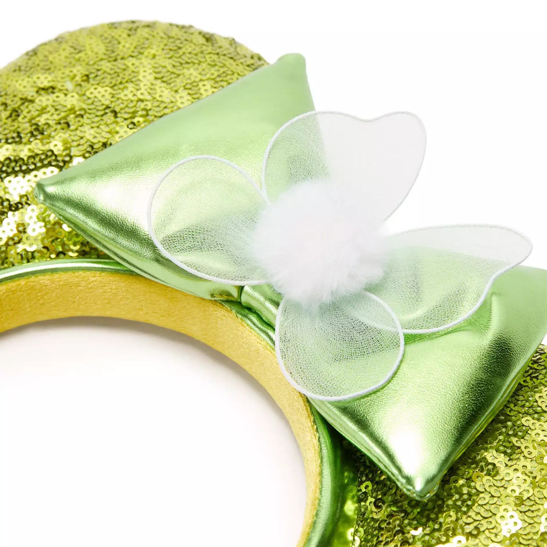 bow on the new Tinker Bell Ear headband features a white cotton accent