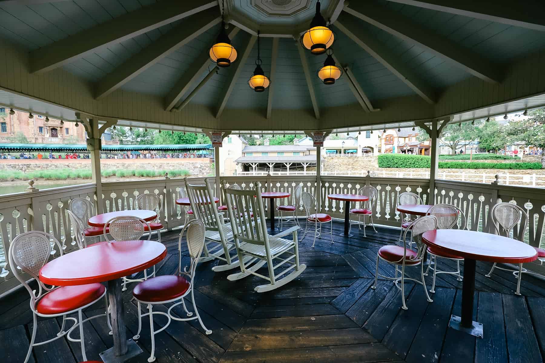 several chairs and tables on a covered patio at Tom Sawyer Island 