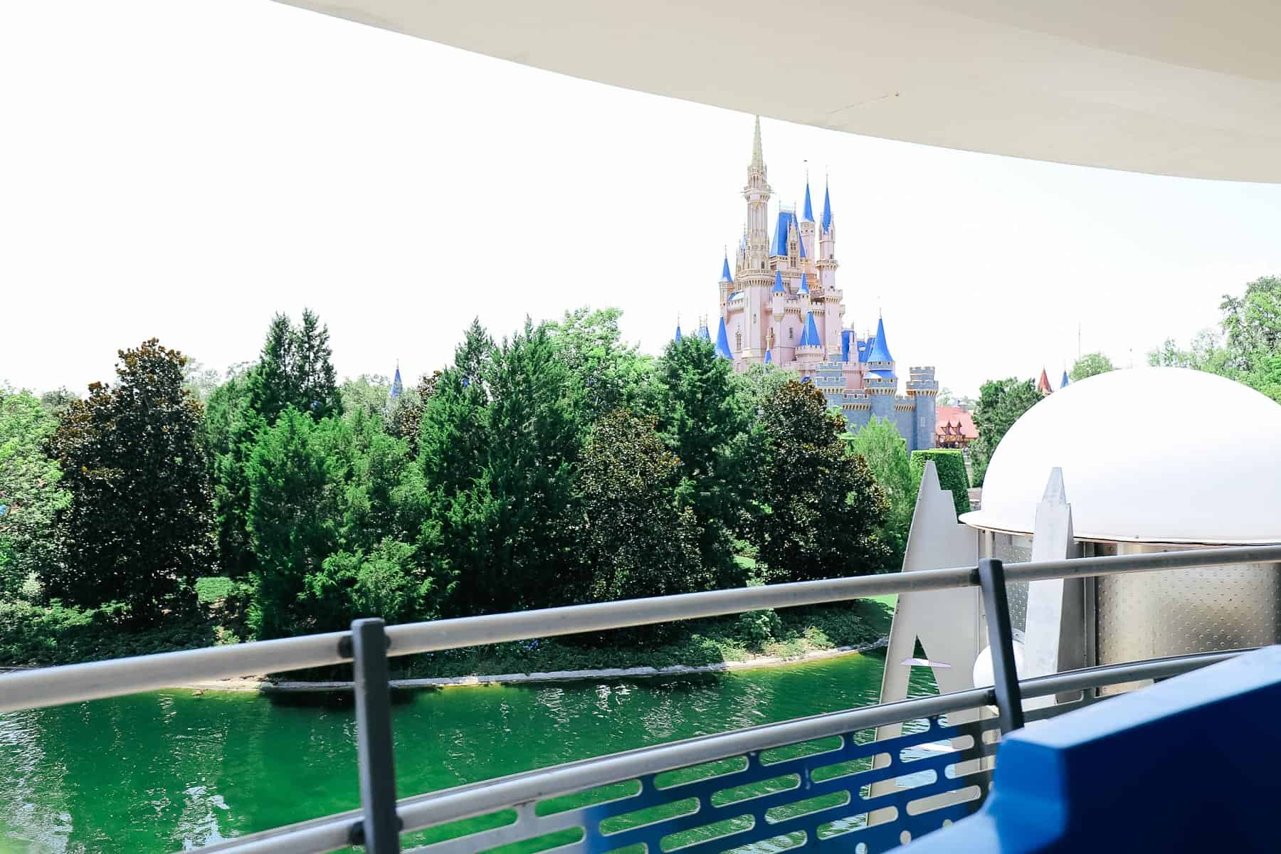 a view of Cinderella Castle from the Peoplemover 
