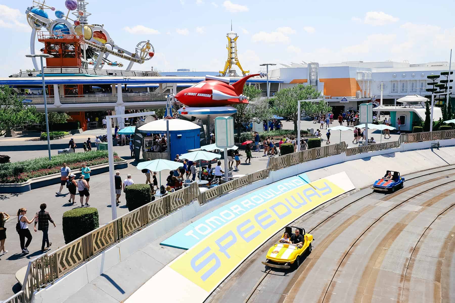passing cars on the track below from the Peoplemover 