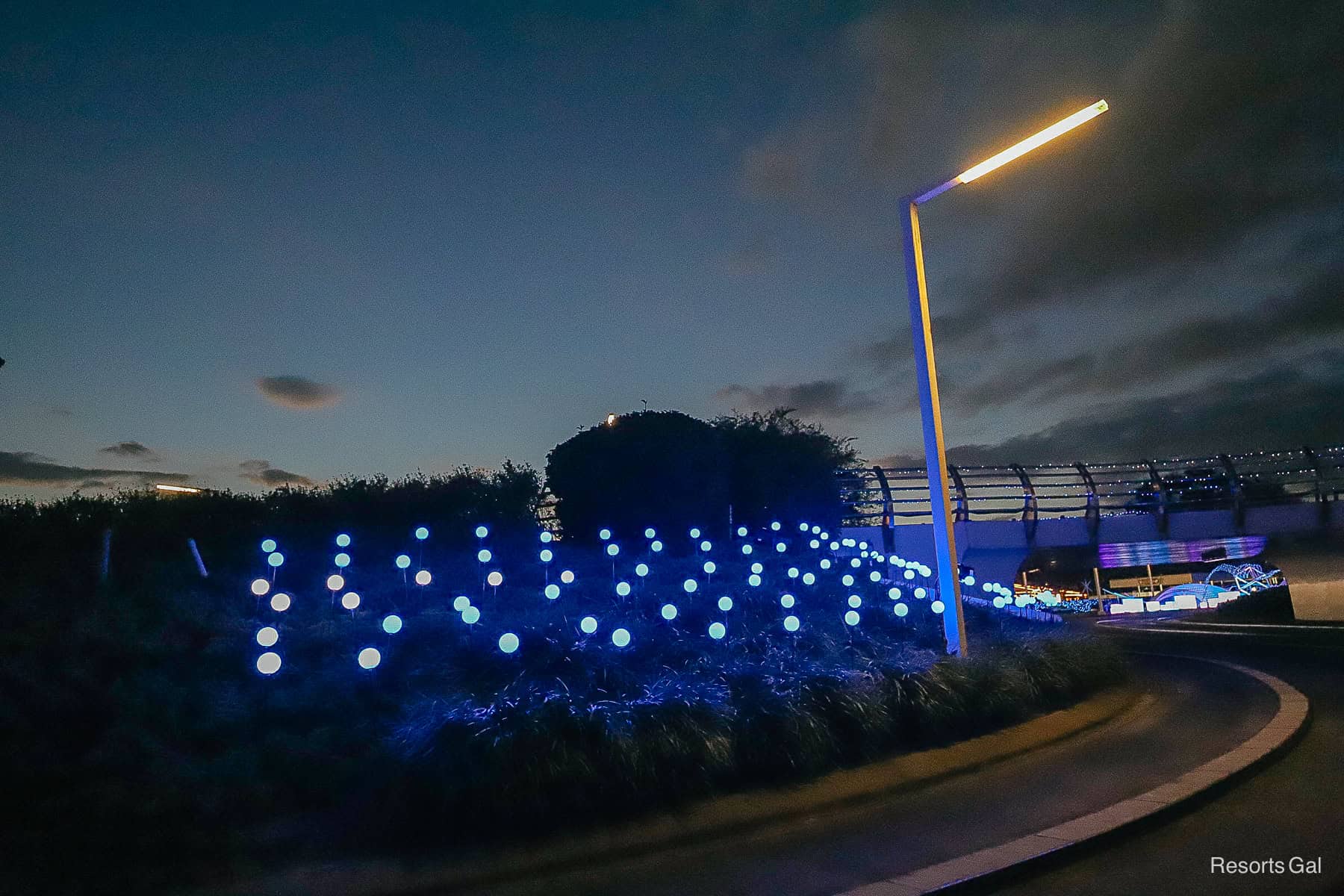 light blue, medium-sized holiday decorations in the shrubbery of the track