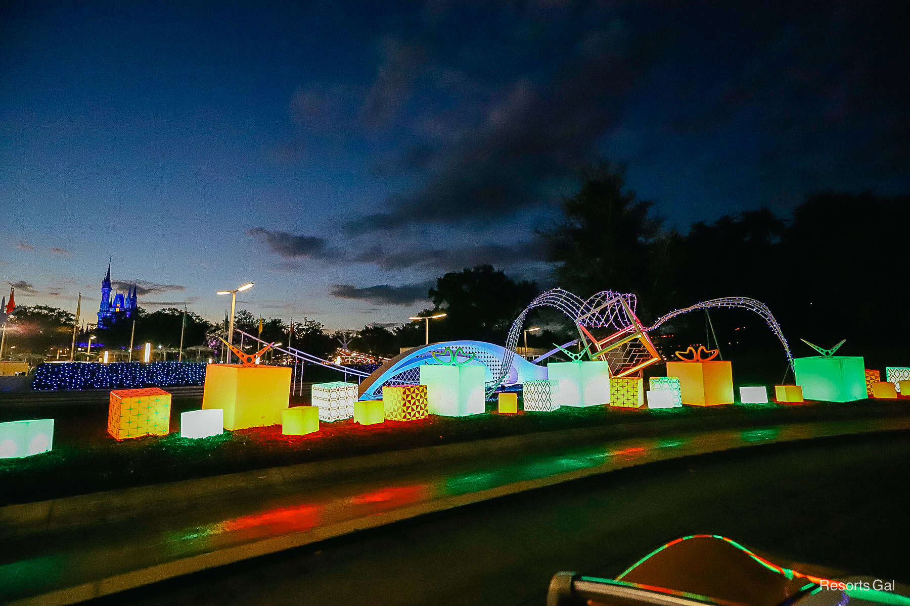 large Christmas boxes that glow in all different colors.