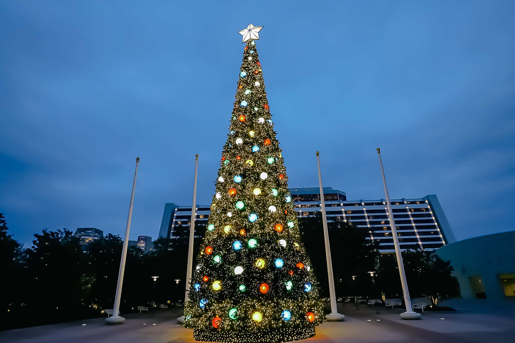 the large tree at Disney's Contemporary Resort during Christmas