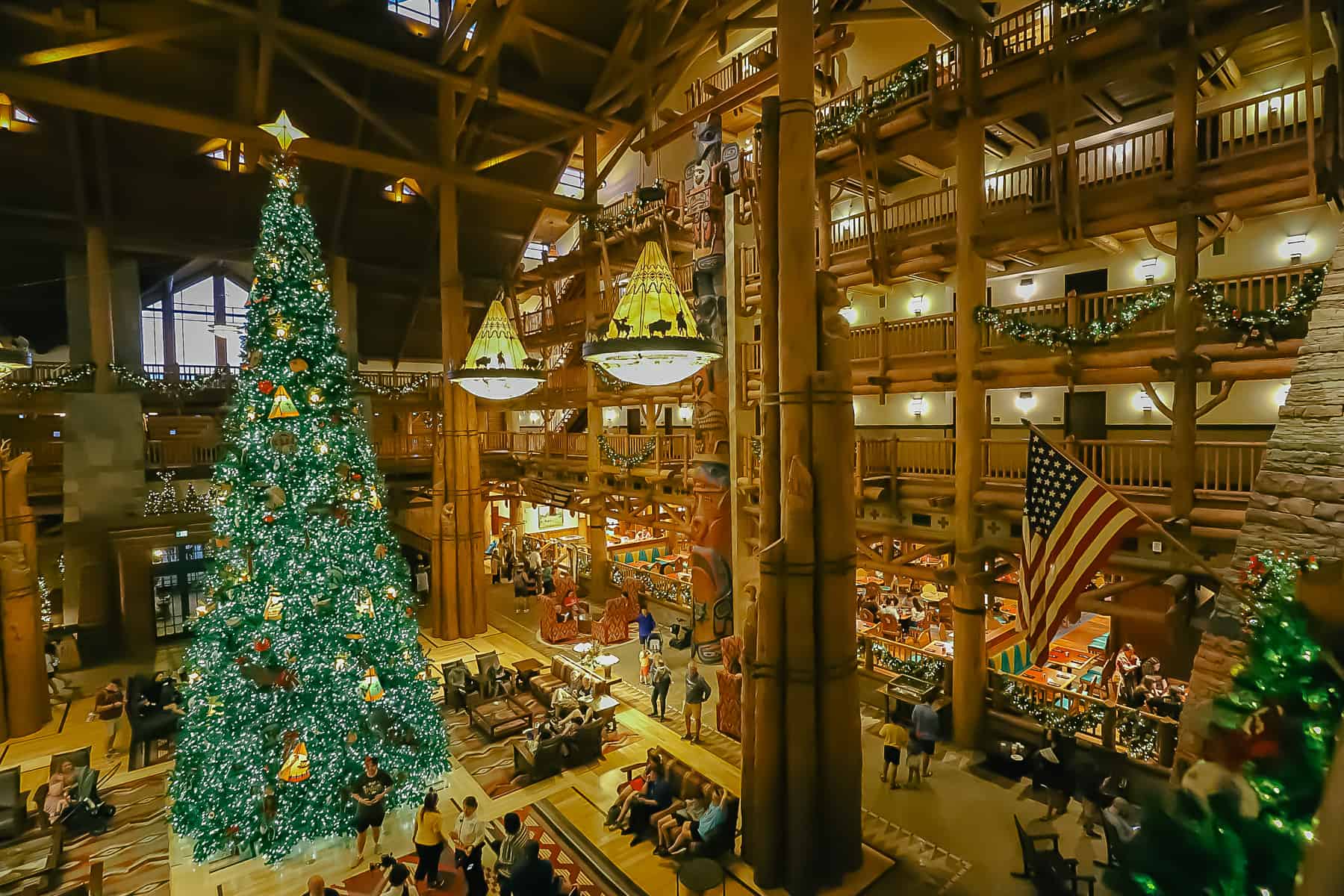 The lobby of Disney's Wilderness Lodge during Christmas. 