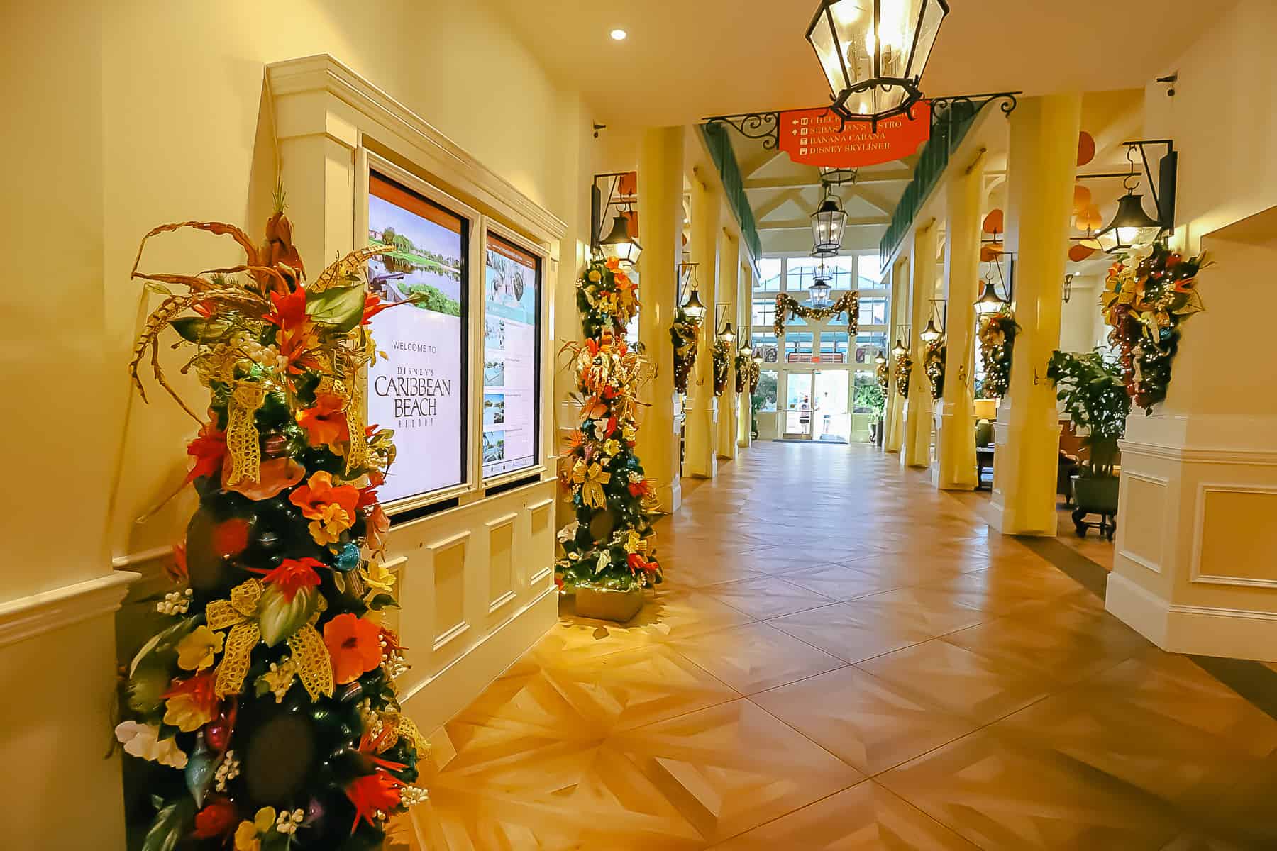 Disney's Caribbean Beach Resort's lobby decked out in Christmas decorations. 