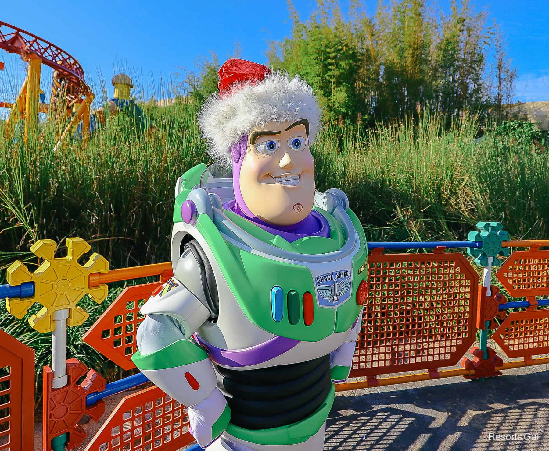 Buzz Lightyear wearing a Santa hat in Toy Story Land