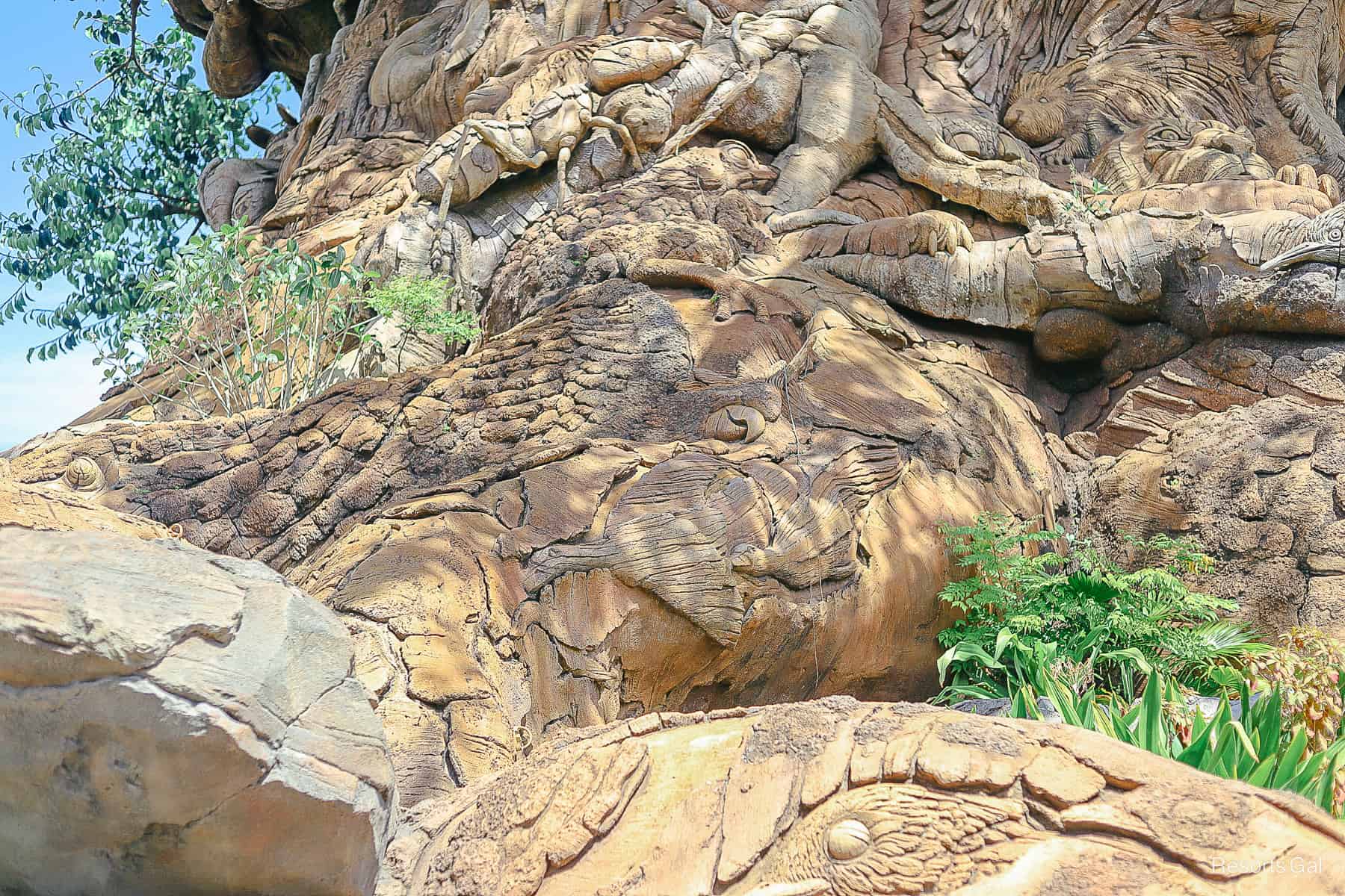 a macaw and a flock of geese carved into the Tree of Life 