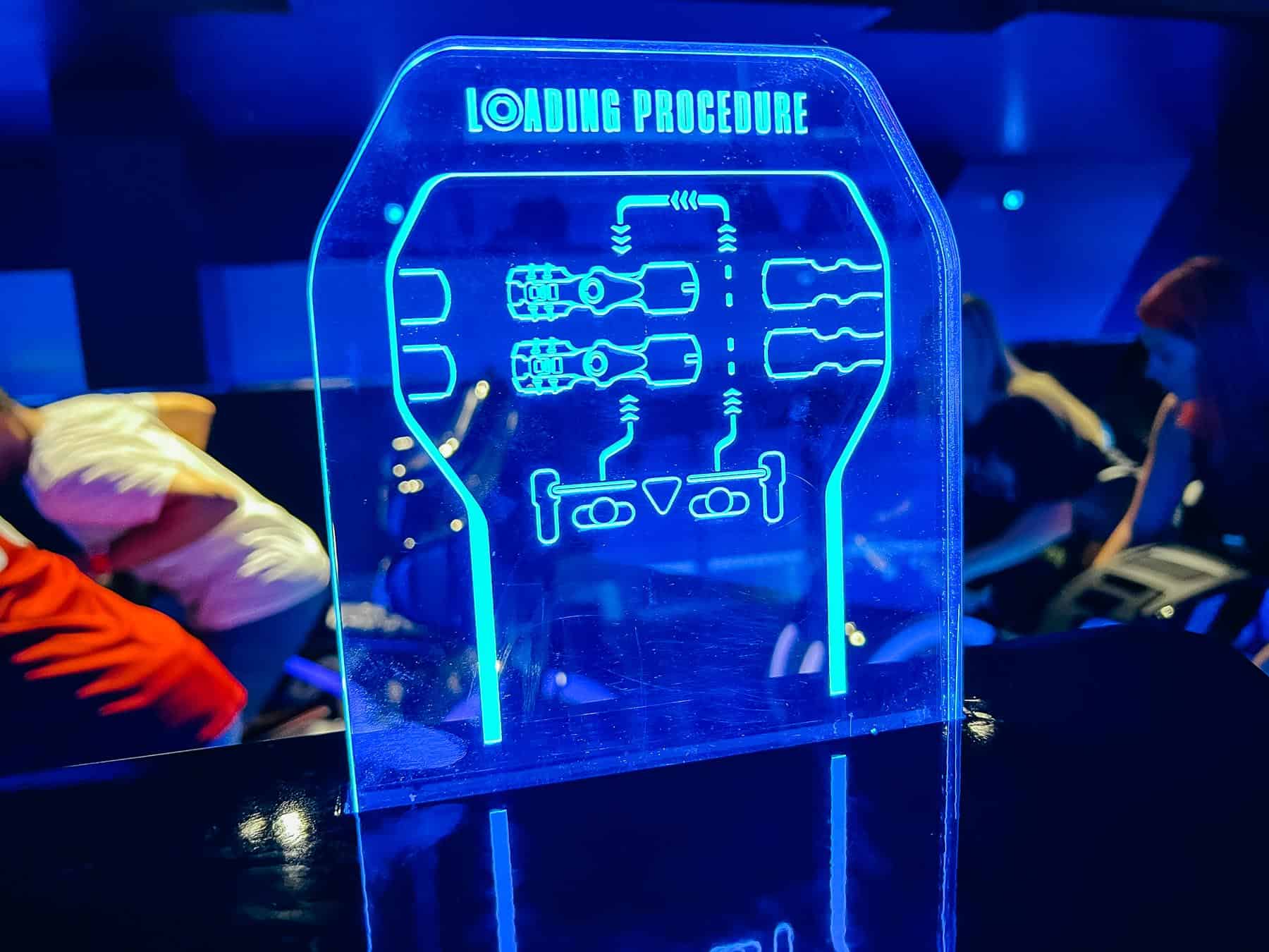 A sign that shows the loading procedure for Tron Lightcycle Run. 