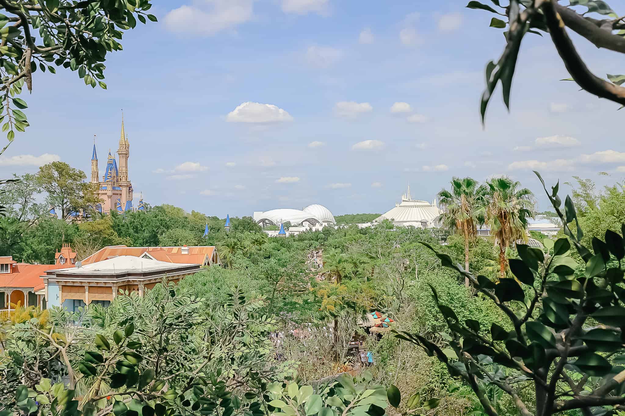 view of Cinderella Castle, Tron, and Space Mountain from Swiss Family Treehouse 