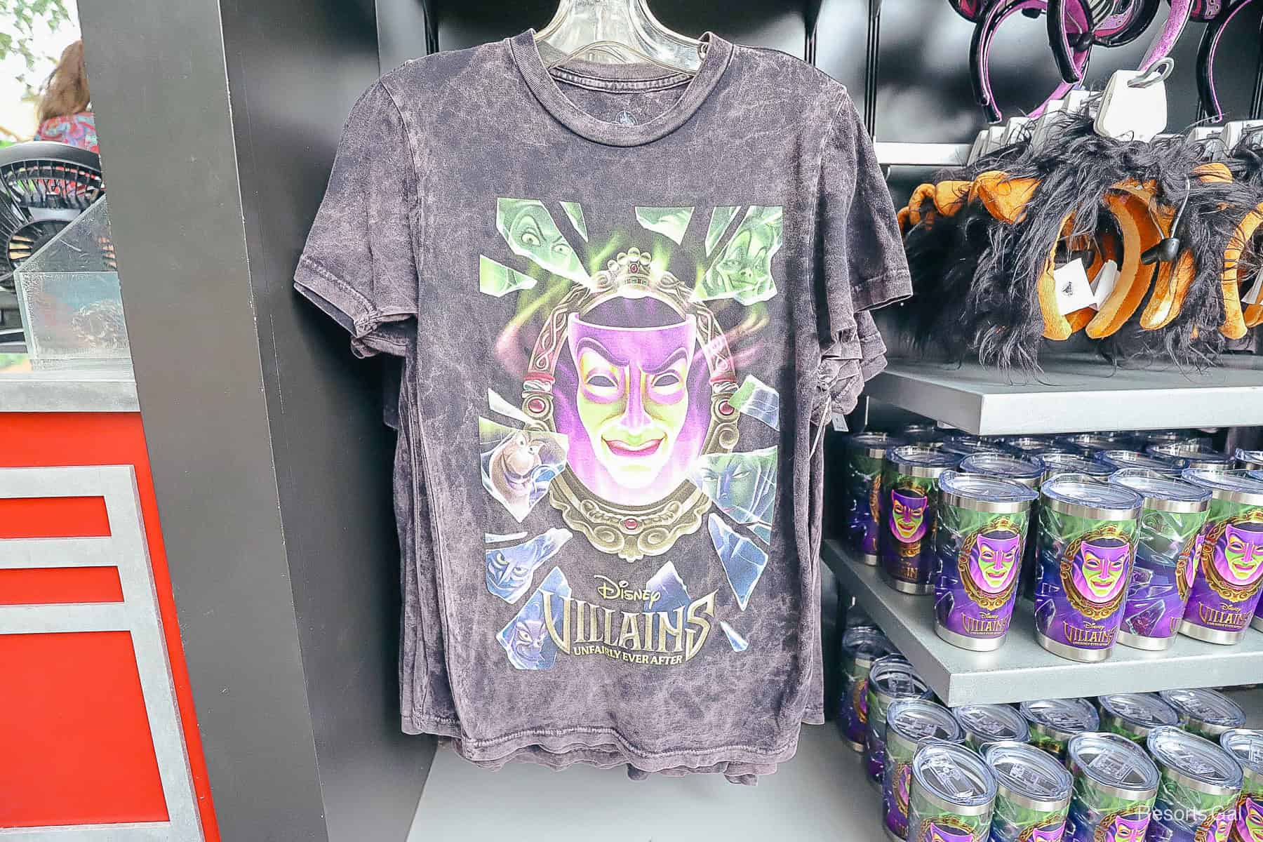 a gray tie dye t-shirt with Disney Villains logo 