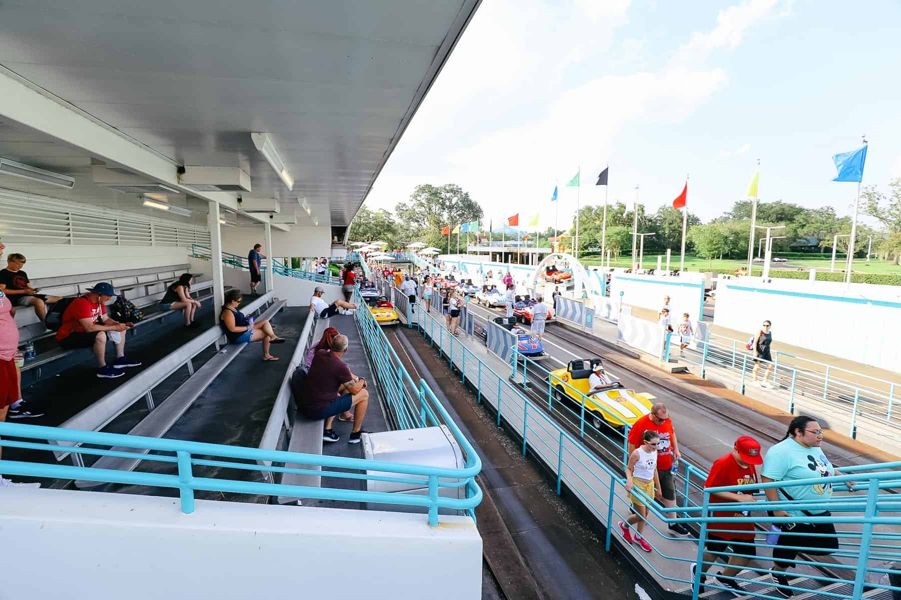 area for guests to wait when they are not riding the Tomorrowland Speedway 